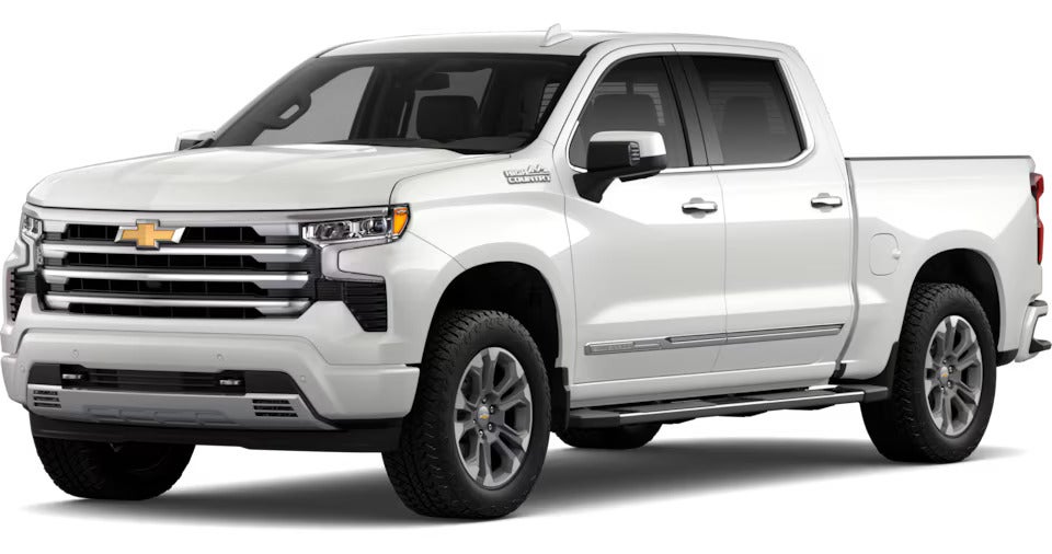 White 2025 Chevrolet Silverado High Country model featuring premium accents and advanced design elements for a luxury feel.