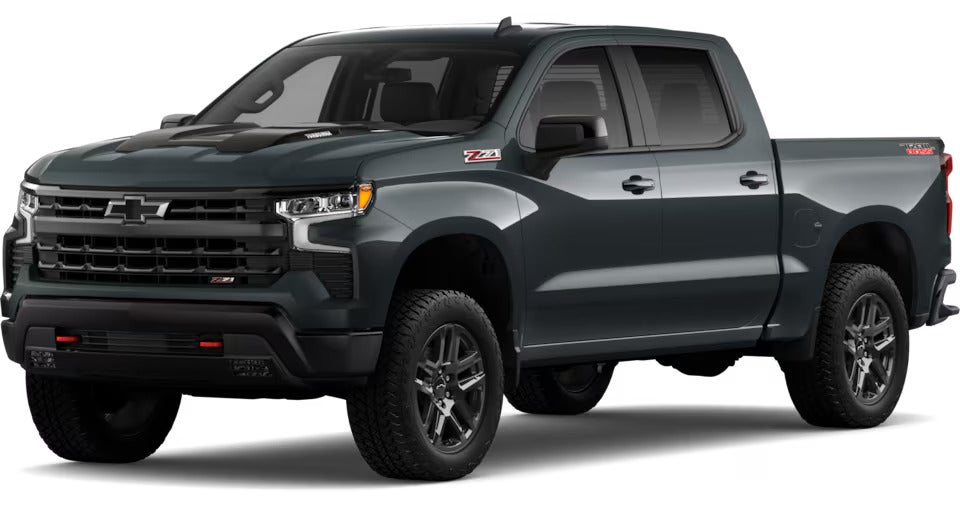 Green 2025 Chevrolet Silverado LT Trail Boss with off-road features, ready for rugged terrains.