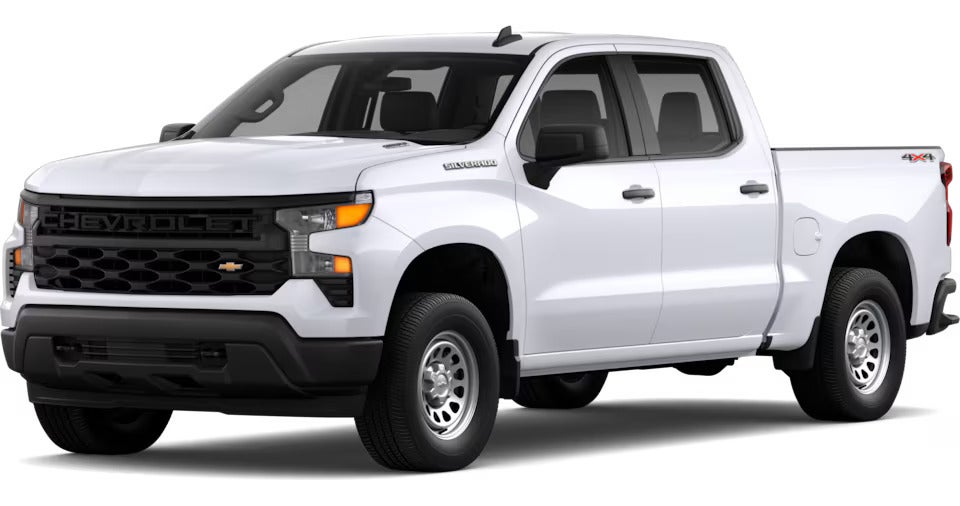 White 2025 Chevrolet Silverado WT, showcasing a work-ready design with durable build quality.