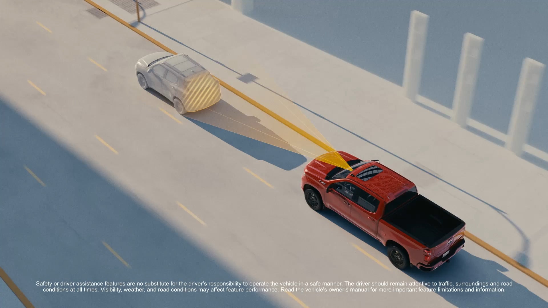 Illustration of the 2025 Chevrolet Silverado’s forward collision alert system, displaying safety technology in action.